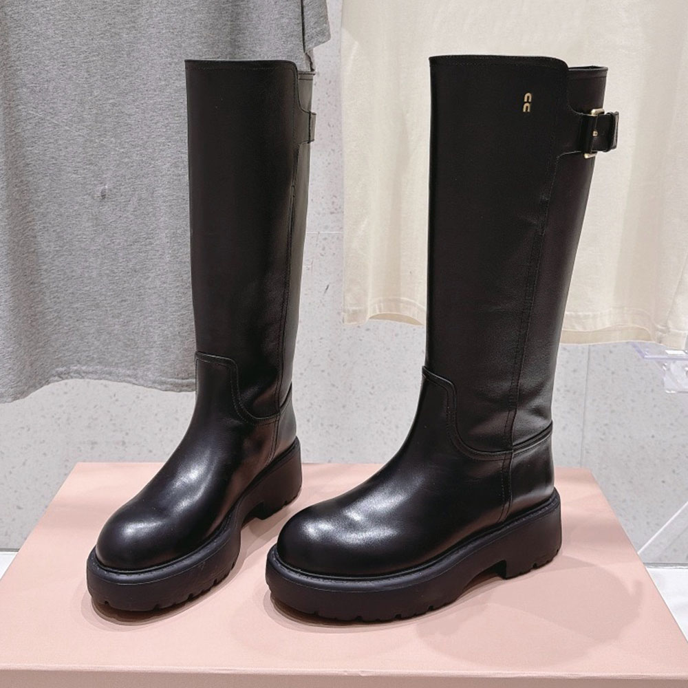 New Womens Leather Boots luxury designer boots 5W767E retro thick soled straight boot high quality Fashion Comfort Casual Boot Rubber sole 41 35