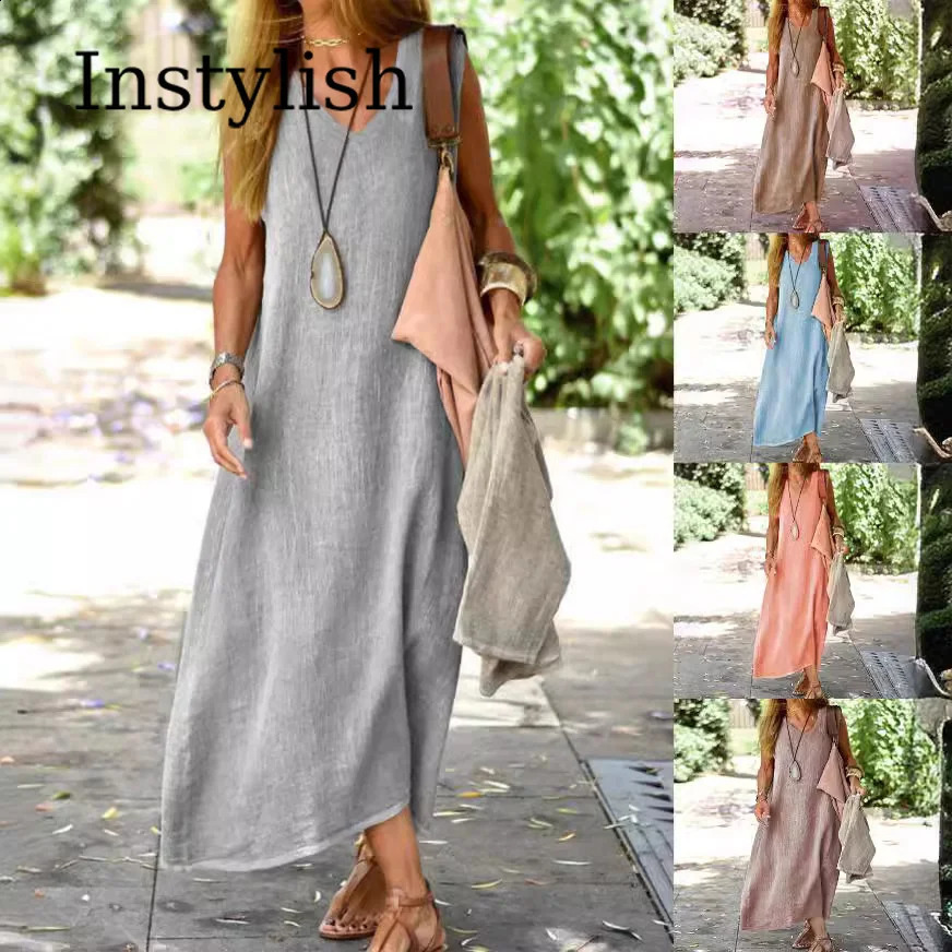 Womens V Neck Sleeveless Linen Dress Loose Solid Color Breathable Lightweight Summer Beach Vacation Casual Cover Up 260730