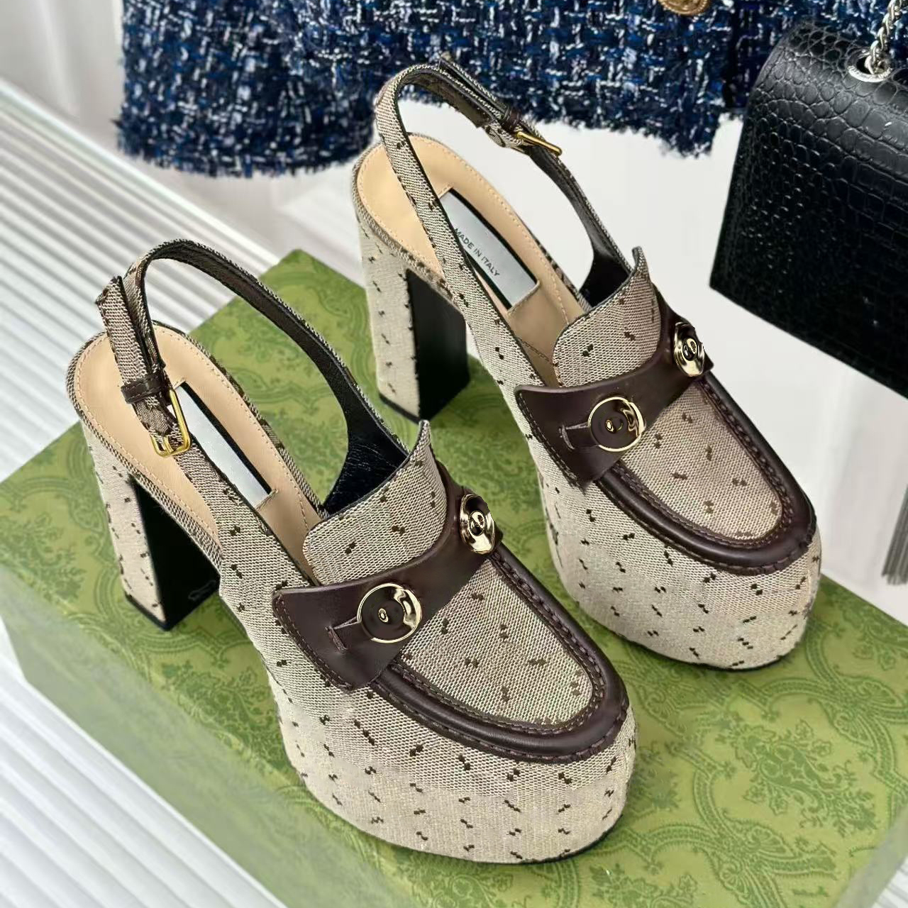Luxury Designer classics Women Platform Slingback Heels Spiral Metal Decor Chunky Block Heel Square Toe Loafer Pumps Vintage Backless High Heel Part