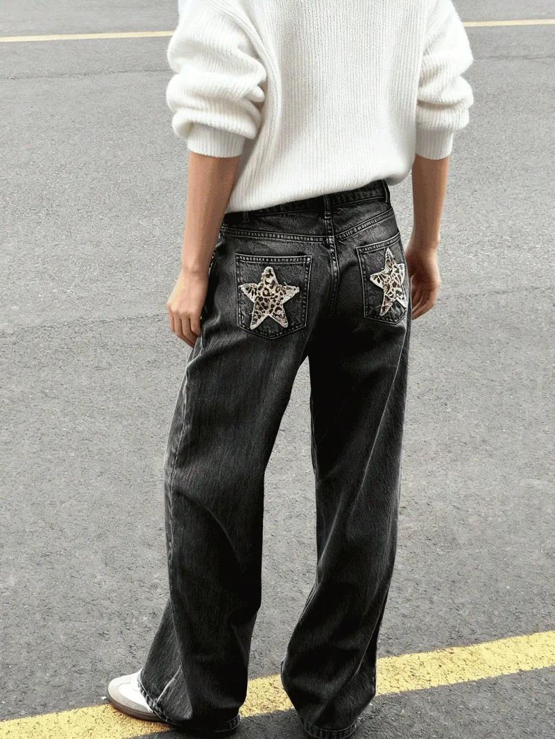 Jeans da donna neri di alta qualità con stampa leopardata e pantaloni in denim dal design a vita bassa con motivo a stelle b0