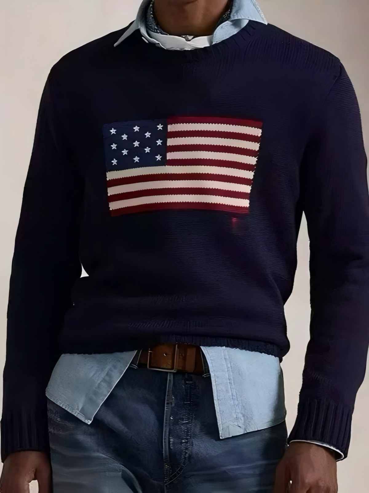 2026 Crew-neck Flag Clothes Mens Navy Blue Knitted Sweater Polo Shirt Round Neck Cotton Loose Retro Fashion Casual High Quality Sweaters