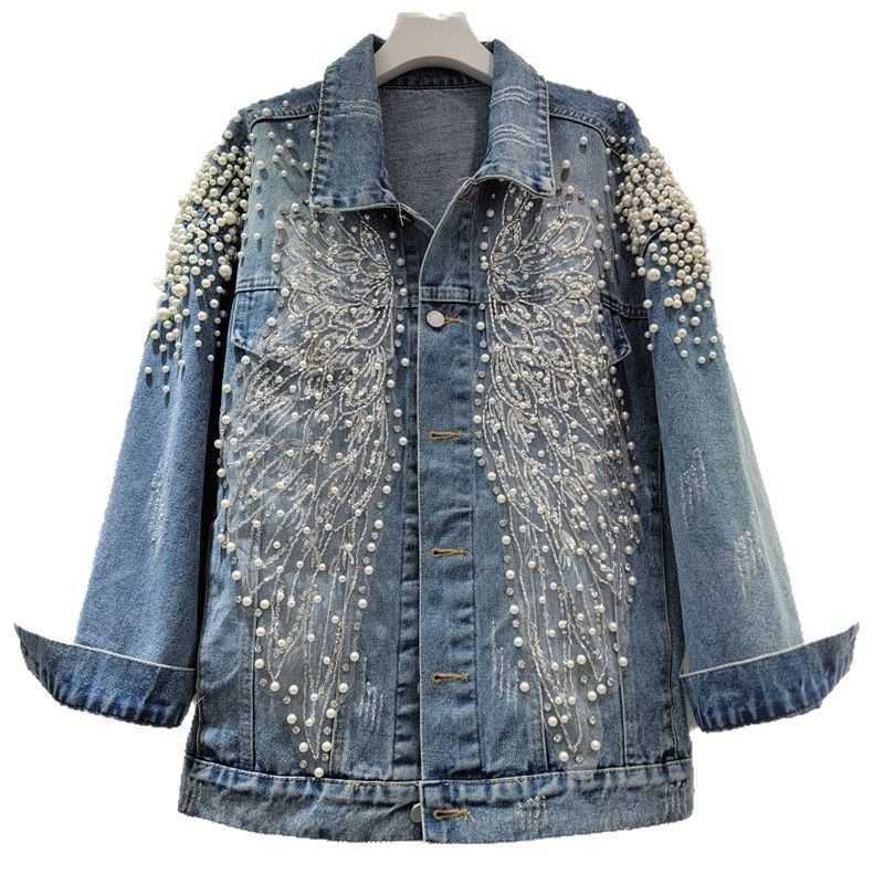 Lapels Coat Blue Loose Denim Patch Designs Bead Nail Pearls Female Single Breasted Jackets 2026 Spring and Autumn New Fashion L260807