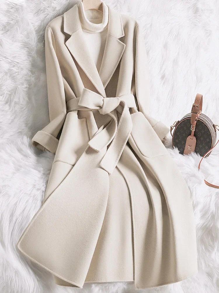 Women's Wool Elegant Lace Up Blends Lapel Double Faced Long Coat Women Fall Winter Sleeve Jacket Female Street Overcoat 0d