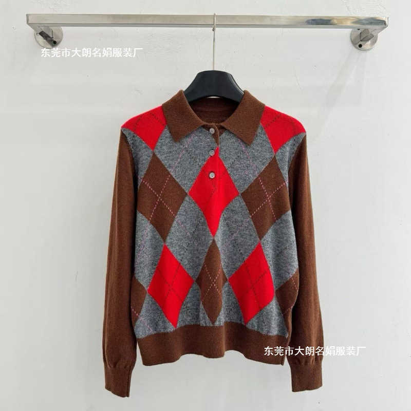Women's Knits & Tees Designer P Autumn-Summer Simple and Artistic Style Polo Collar Long Sleeve Knit Top