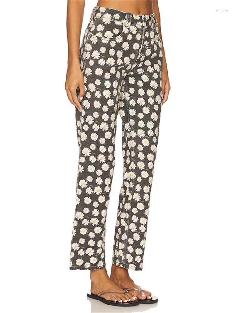 Jeans da donna Vintage Daisy Print Front Four Buttons Abbigliamento da lavoro Pantaloni in denim corto a gamba dritta per donna Inizio autunno 9f