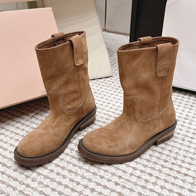New womens suede midsole western cowboy boots Round toe thick heel fitting work boots Solid color casual versatile daily shopping womens Retro Knigh