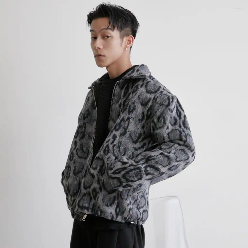 Men's Jackets Mens Dark Grey Zipper Cardigan With American Retro Leopard Print For Autumn Winter Loose Fit Warm Comfortable Street Wear e2