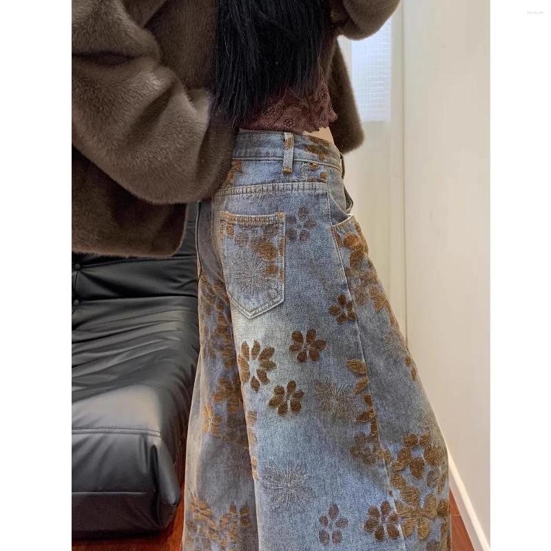 Jeans da donna Pantaloni in denim larghi con stampa floreale retrò americana Autunno Inverno Pantaloni dimagranti lunghi fino al pavimento taglie fo