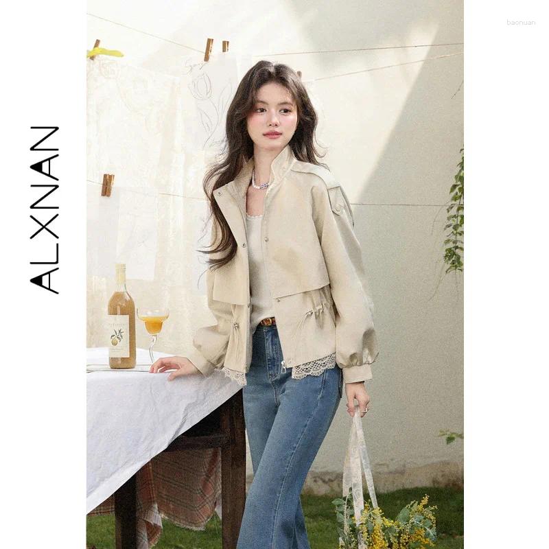 Women's Trench Coats ALXNAN Autumn Beige French Style Outerwear Long Sleeve Drawstring Waist Lace Hem Jackets Elegant Female Clothing L61221 75