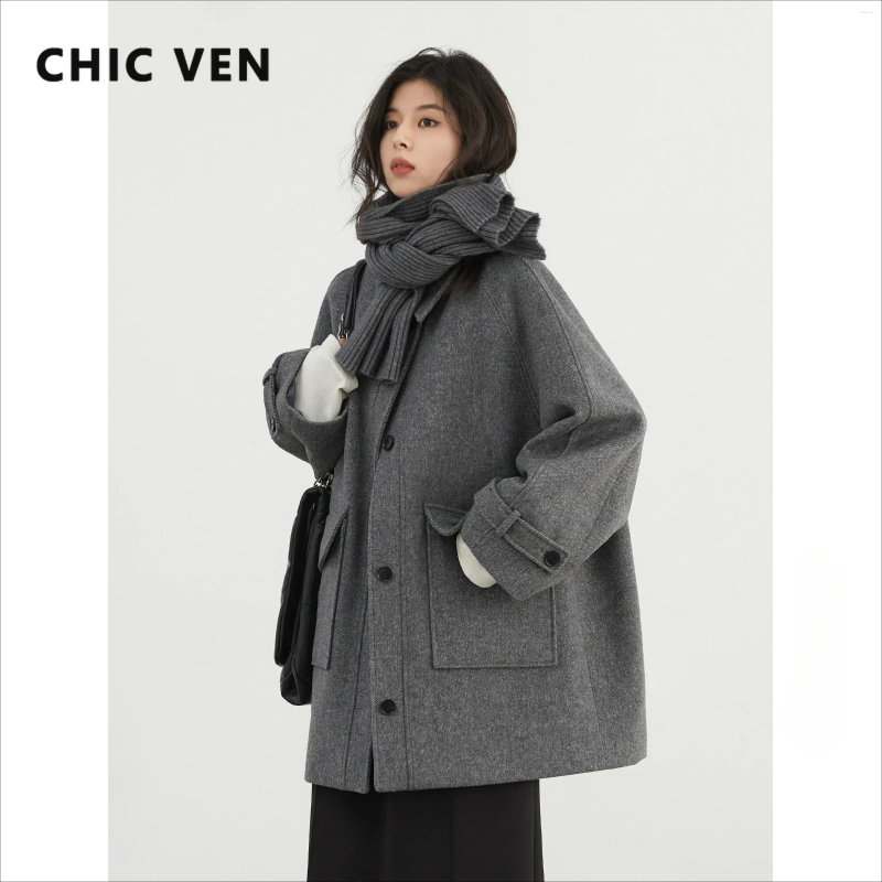 Women's Wool CHIC VEN Women Woolen Coat Casual Single Breasted Long Loose Solid Female Overcoat Ladies Outerwear Autumn Winter 2026 cd