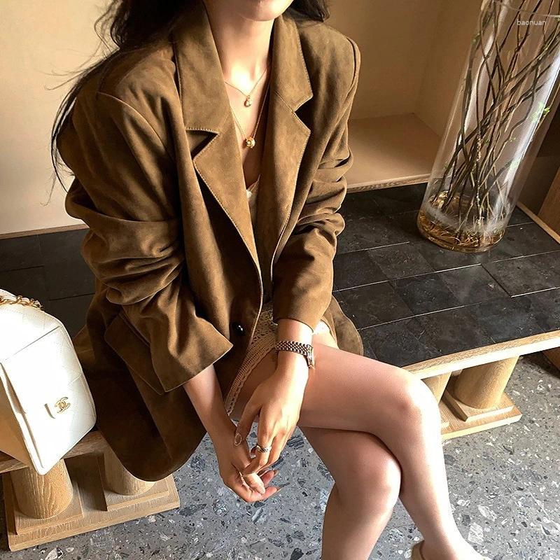 Women's Leather Genuine Blazer Jacket For Women Retro Brown High Luxury Suede Female Casual Single breasted Loose Suit Coats b6