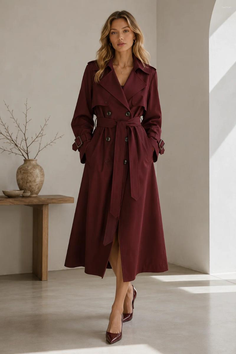 Women's Trench Coats 2026 Early Autumn Burgundy Double Breasted Long Coat British Style Lapel Waist Cinching Belt Elegant Office Commute 32