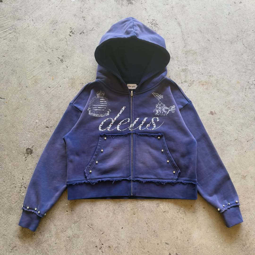 Trendy personalized rhinestone-printed hooded sweatshirt long-sleeve T-shirt cardigan street fashion L2687