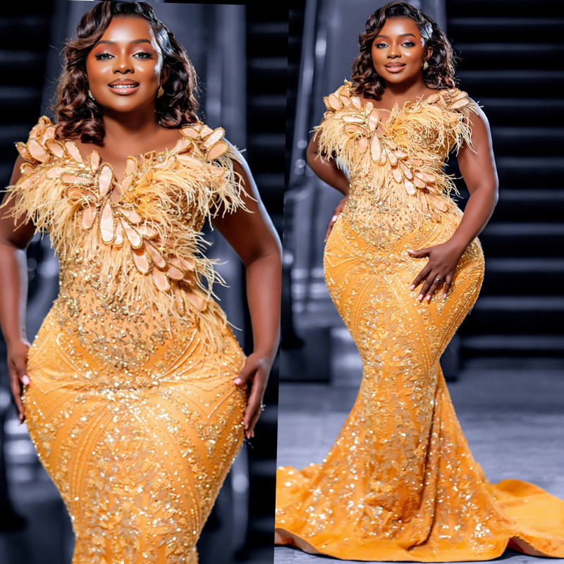 Plus Size Gold Mermaid Prom Dress 2026 Formal Gowns Robe De