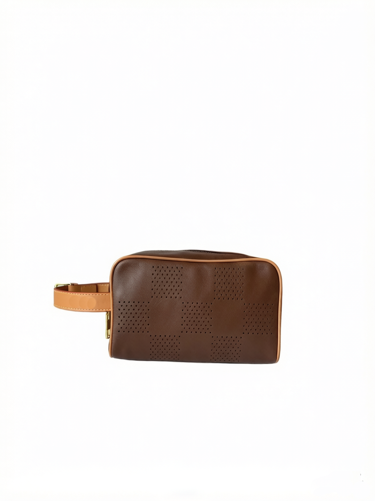 Classic canvas makeup bag; brown zipper travel toiletry bag; elegant women's accessory storage bag