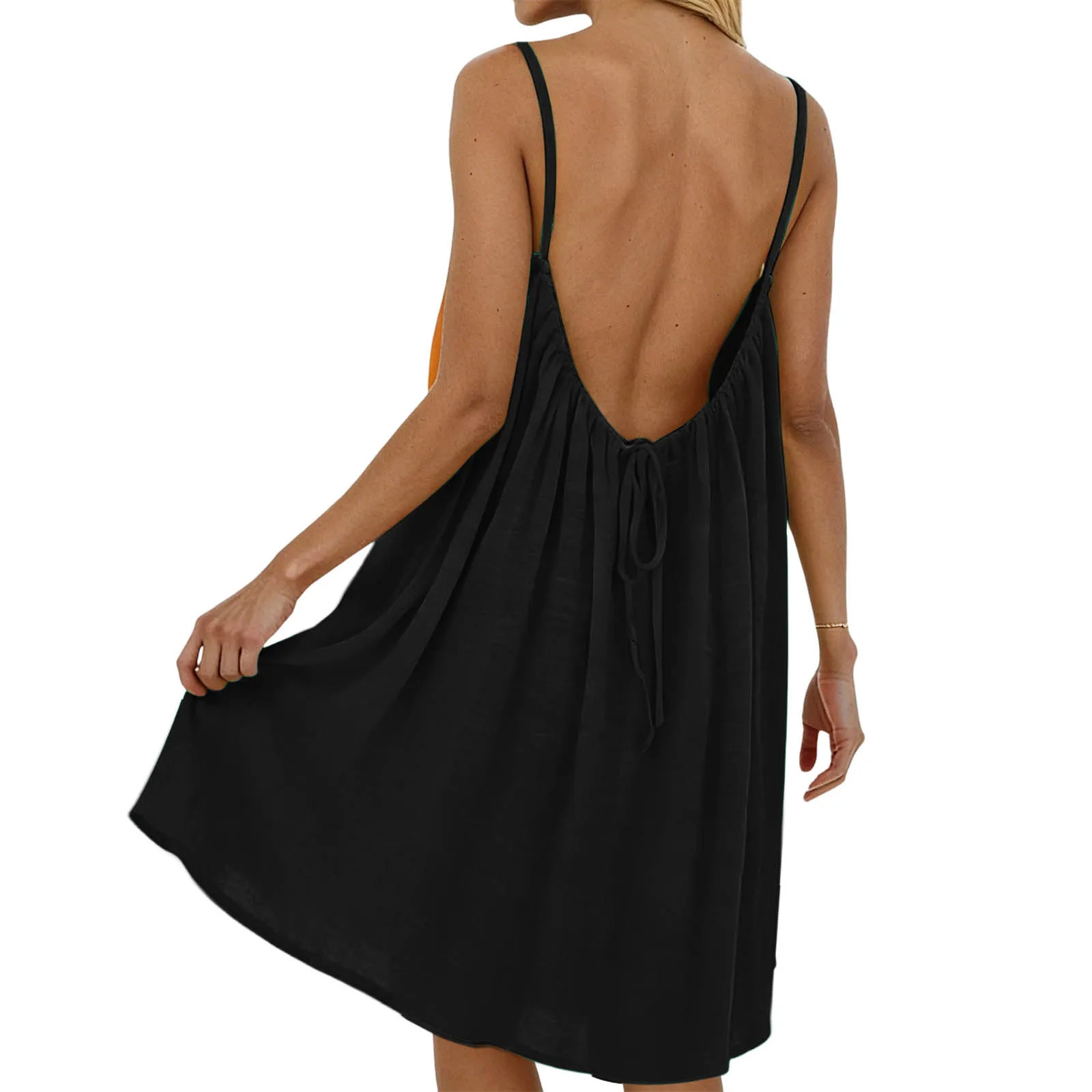 Women Sexy Backless Dress Solid Color Loose Fit Sleeveless Adjustable Short With Straps Beach Vacation Sundress For 260730
