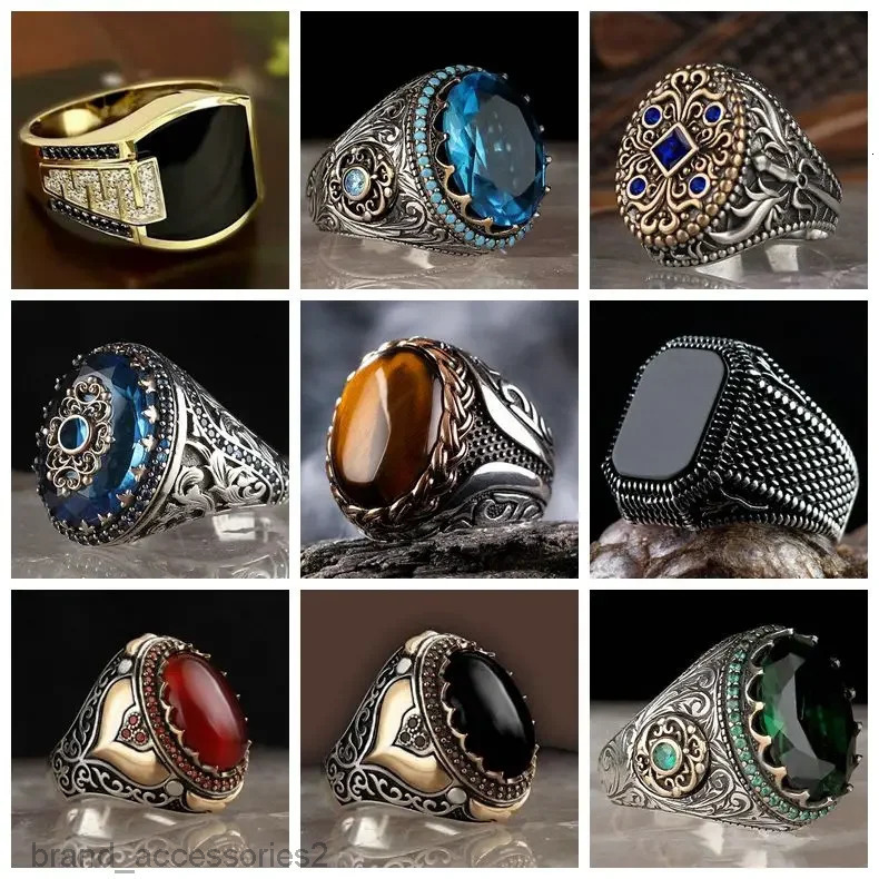 30 Styles Vintage Handmade Turkish Signet Ring For Men Women Ancient Silver Color Black Onyx Stone Punk Rings Religious Jewelry 250610