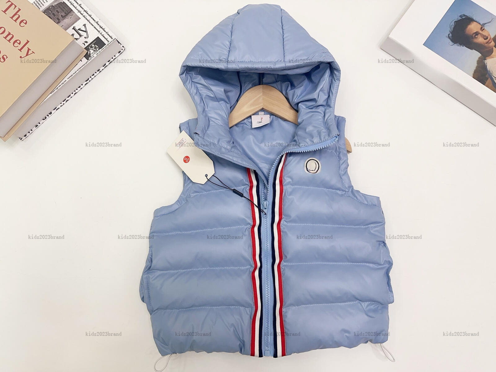 New baby vest Sky blue child waistcoat kids designer clothes winter boy coat Striped design Hooded girl jacket A239X07N287