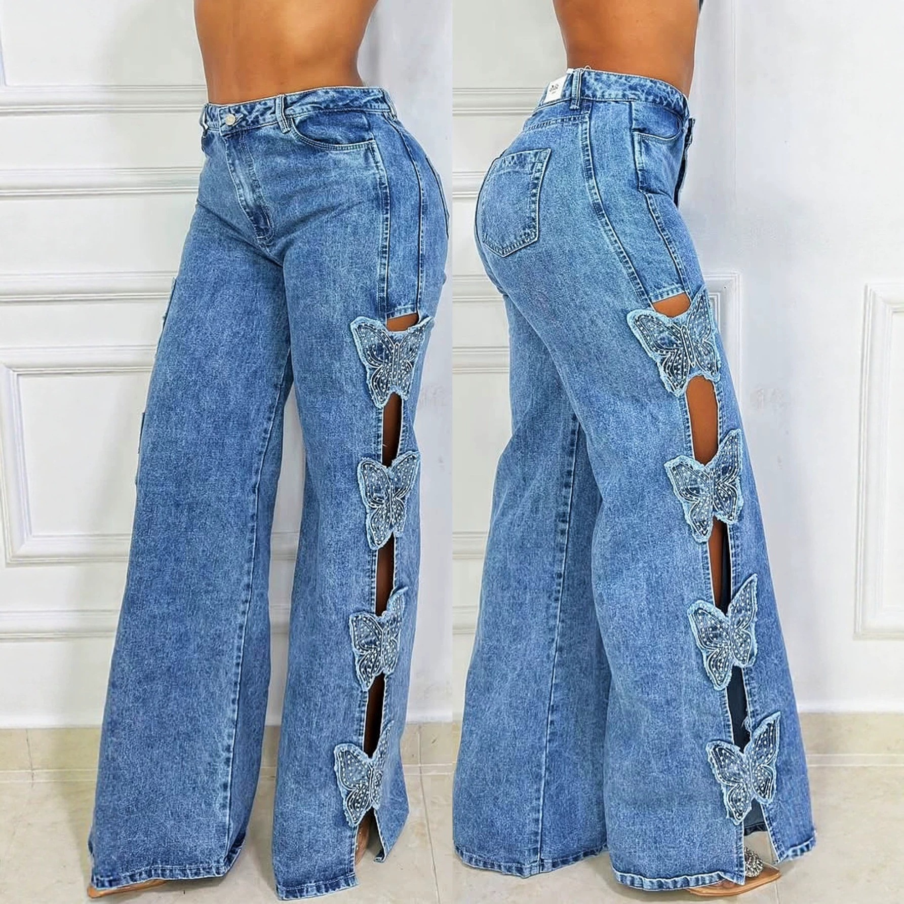 Pantalon en Jean bleu taille moyenne à lacets et nœud pour femme AAAA X13 Chic