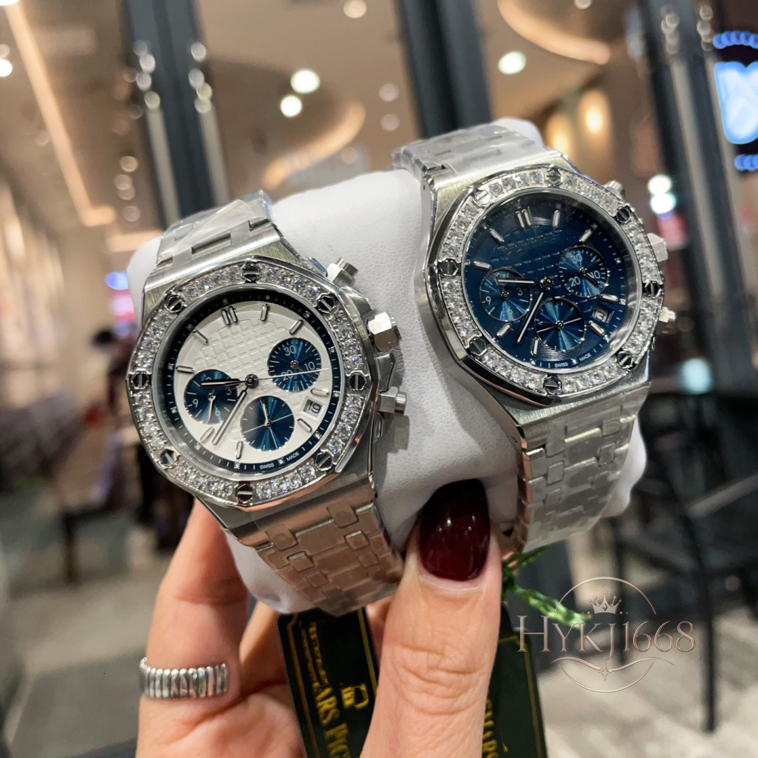 Montre de luxe à quartz pour femme, lunette en cristal de 37MM, bracelet en acier inoxydable, style chronographe, cadran, affichage de la date, m