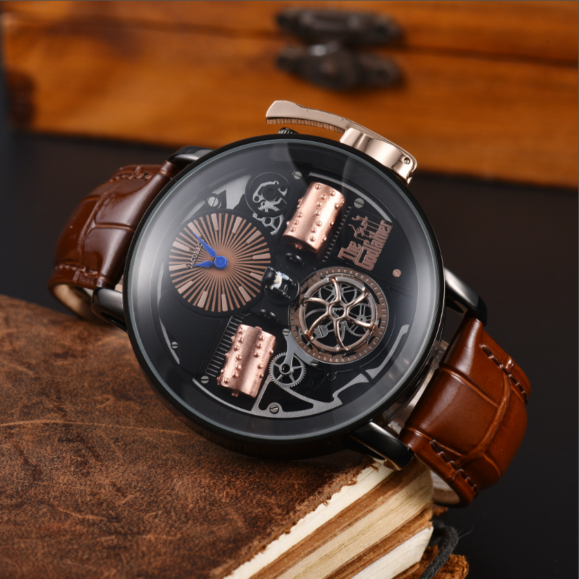 Modieus Tsjechisch luipaard steampunk herenhorloge met grote wijzerplaat en retro peetvaderinspiratie, zakelijk feesthorloge voor heren, lederen ban