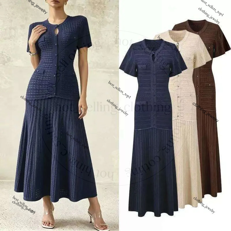 Designer Clothes Sandro Women Elegant Hollow Knit Maxi Short Sleeve O Neck Button Down A Line Long Solid Color Party Casual Knitted Dress 0E3 226