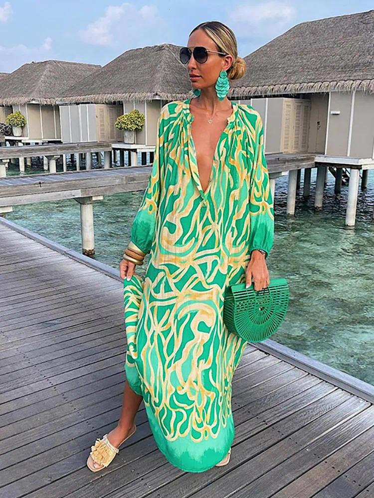 Casual Dresses Women Vintage Maxi Summer Sexy Deep V-Neck Long Sleeve Boho Print Female Beach Cover Up Elegant Robe