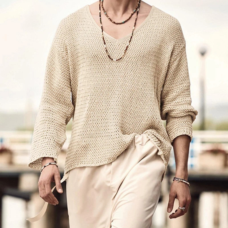 Autumn Men's Clothing Knit T Shirt Solid Color V Neck Long Sleeve Leisure Streetwear Hollow Out Loose Tees S-3XL 260808