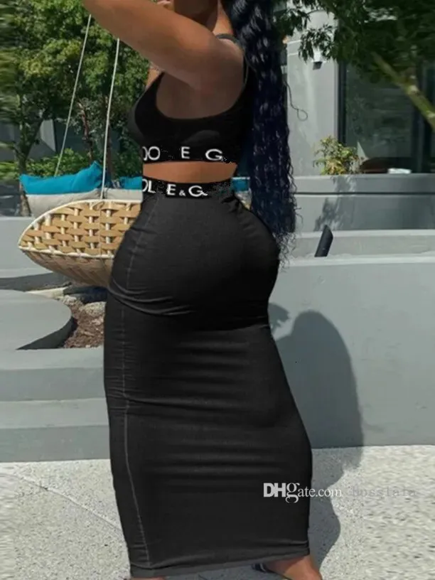 Femmes réservoirs et jupes en tricot gilet sexy robes crayon femmes robe deux pièces taille haute élastique fendu midi étape paquet hanche courte