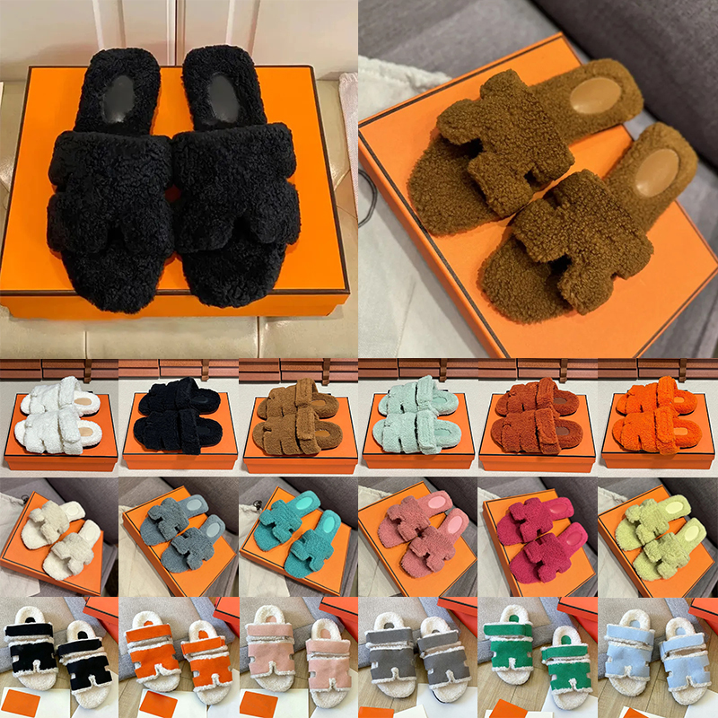 with box designer women oransandals slippers flat fur slides stylish sliders winter beach mules outdoor claquette sandal black white pink red yellow