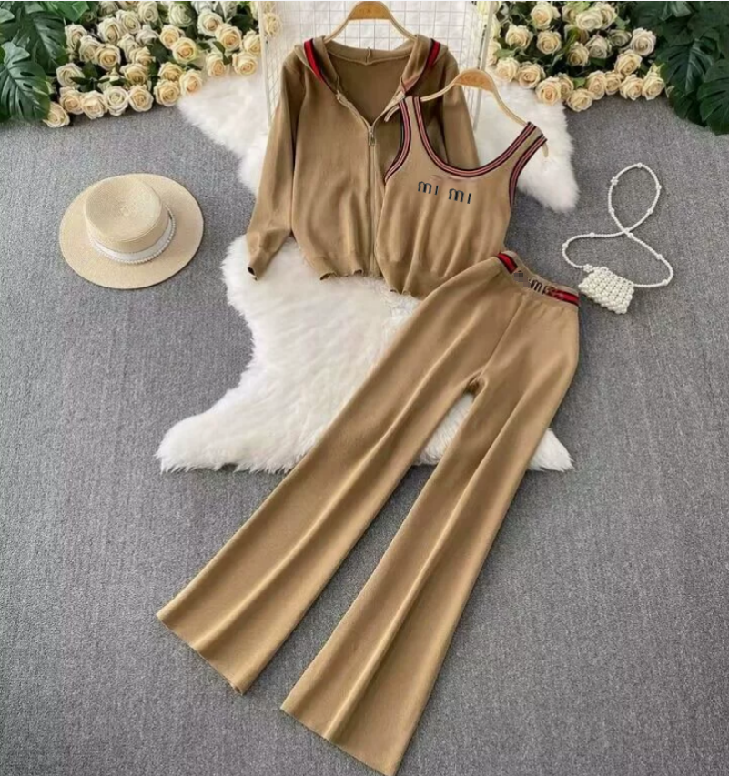 luxury soft Knit three-piece set women designer round neck T-Shirt Wide Leg Pants Breathable Comfortable Casual Outfit Lounge Wear