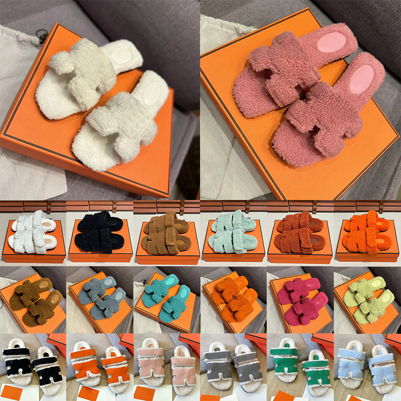 with box designer women oransandals slippers flat fur slides stylish sliders winter beach mules outdoor claquette sandal black white pink navy grey