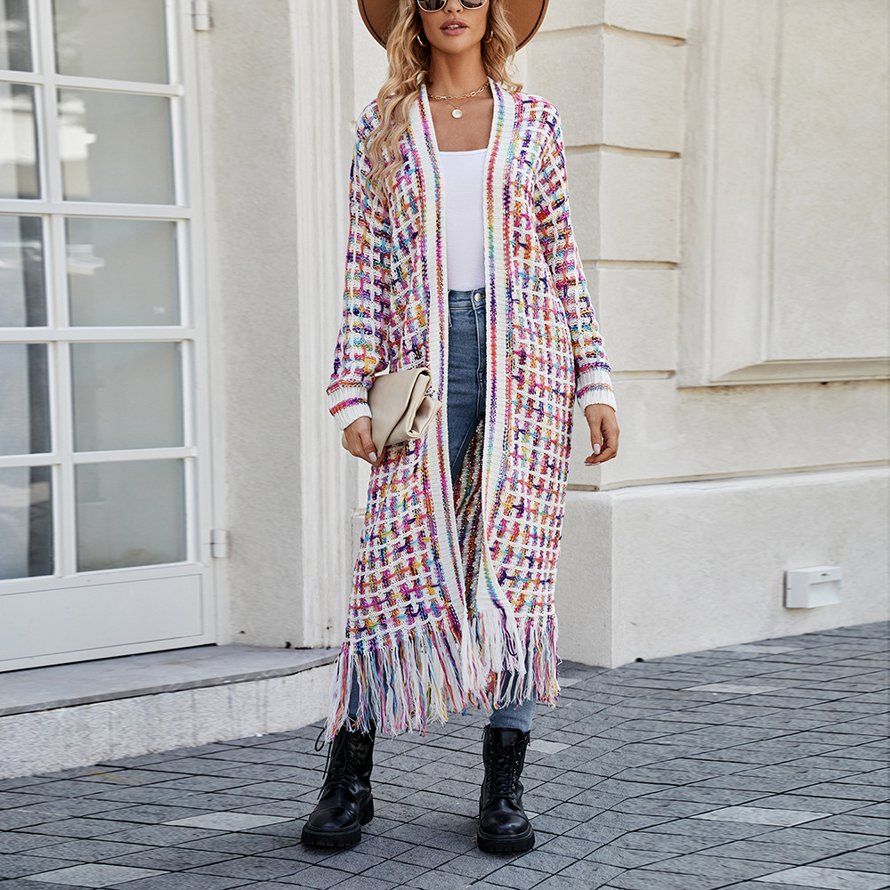 Cardigan long à blocs de couleurs pour femmes, grande taille, pull avec pompons, vente en gros