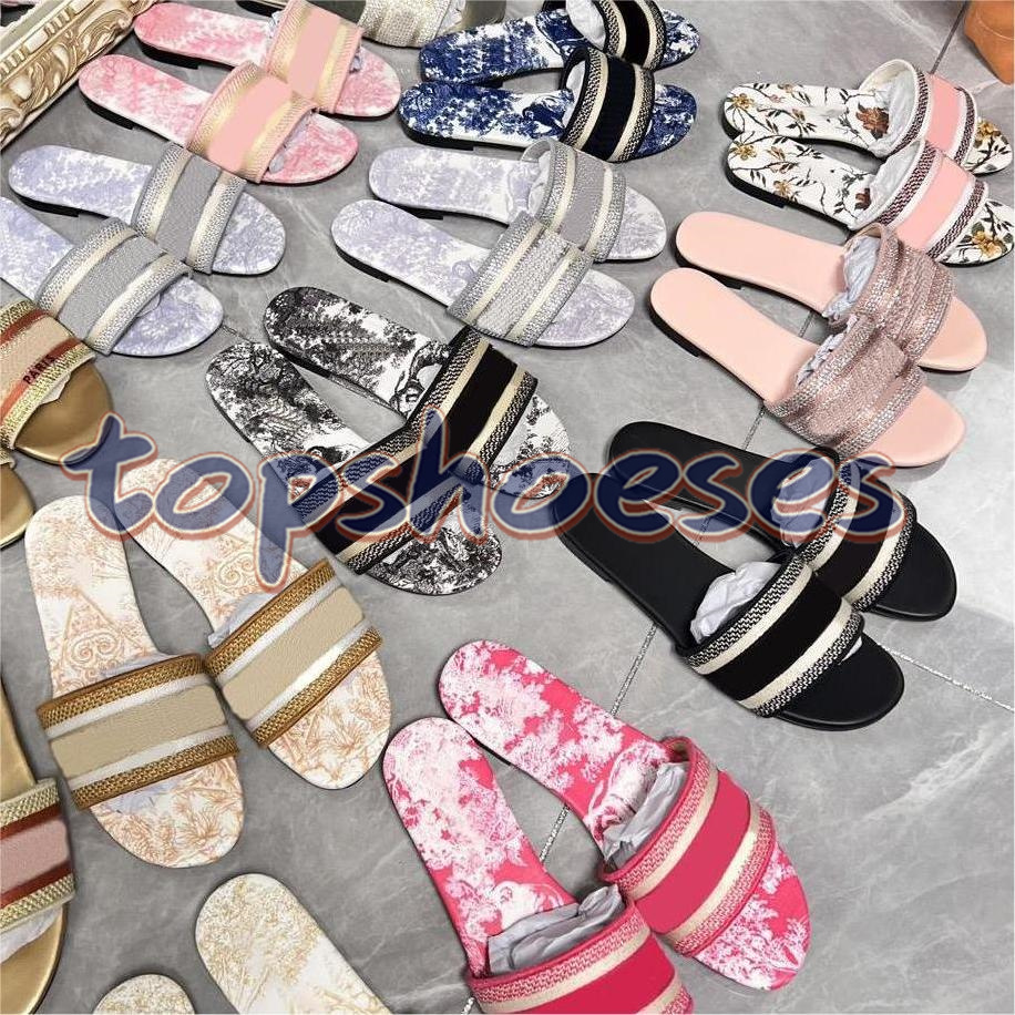 Designer Slippers Womens slides dwaies slide casual sandals women Embroidered Deep Blue White Gold fashion slide summer beach sliders Ladies dir0 Sl