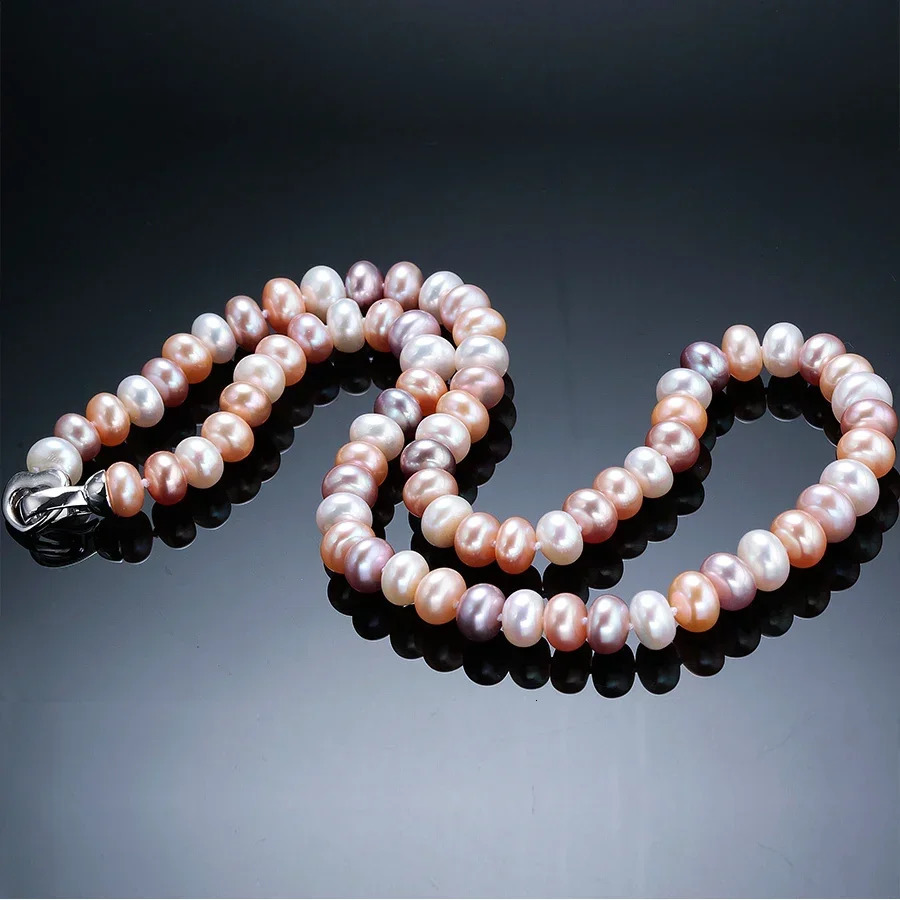 YWYC 7-10mm Bread Bead Freshwater Pearl Necklace for Women Colorful Mix Color 925 Sterling Silver Clasp Necklaces Jewelry Gift 260807