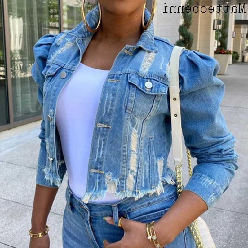 Sexy Autumn Women Ripped Denim Jackets 2021 Vintage Casual Short Jean Jacket Puff Sleeve Winter Female Coat StreetwearT260808