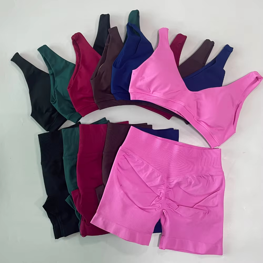 Set da palestra senza cuciture da 2 pezzi Set da donna Scoop senza schienale Reggiseno sportivo con scollo a V Top Pantaloncini scrunch Set Completo