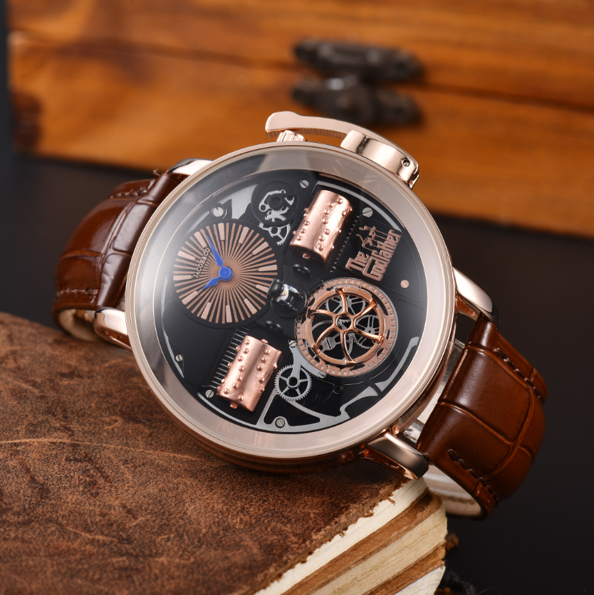 Modieus Tsjechisch luipaard steampunk herenhorloge met grote wijzerplaat en retro peetvaderinspiratie, zakelijk feesthorloge voor heren, lederen ban
