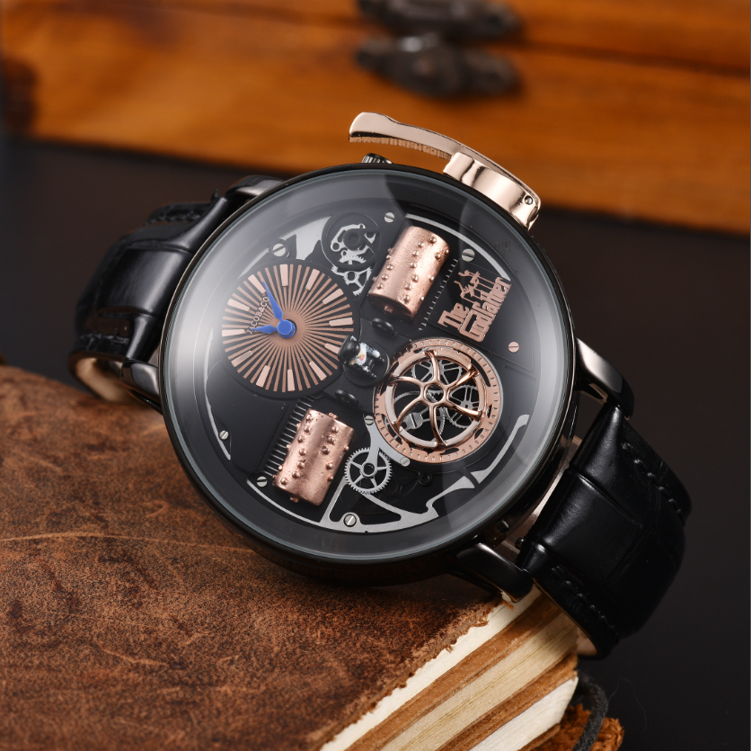 Modieus Tsjechisch luipaard steampunk herenhorloge met grote wijzerplaat en retro peetvaderinspiratie, zakelijk feesthorloge voor heren, lederen ban