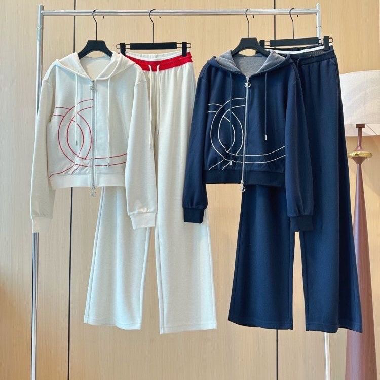 Designer Casual hooded sports jacket paired with elastic pants two-piece fashionable set logo contrasting decoration hooded sweatshirt wide leg casu