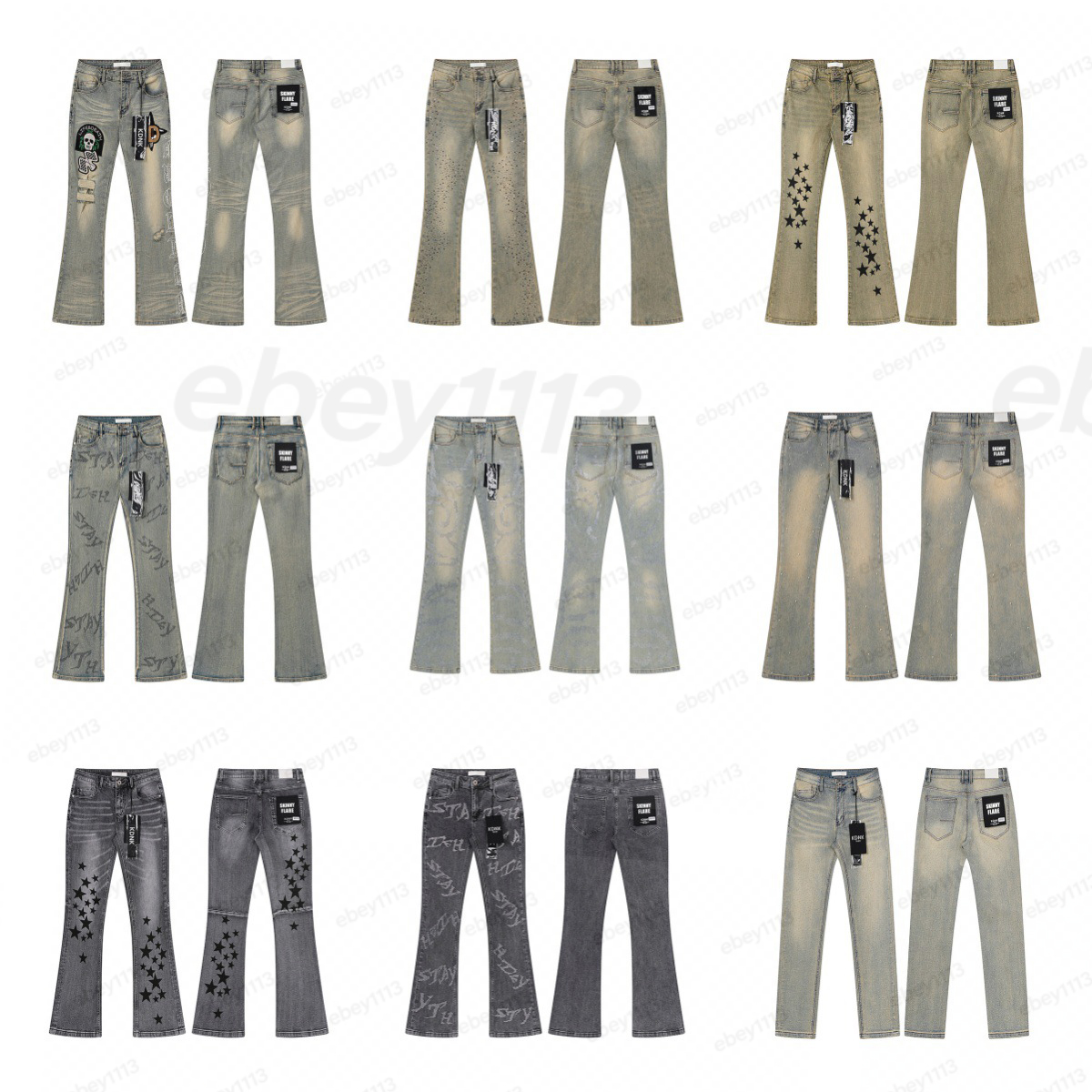 Mens KDNK JEANS Streetwear Bootcut Jeans Rhinestone Decor Elastic Denim Pants Vintage Wash Casual Trousers