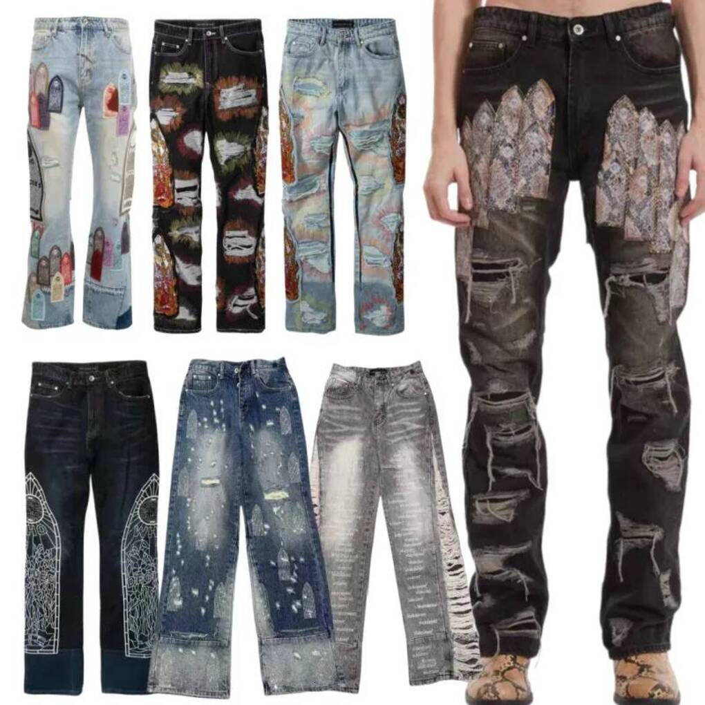 Who Decides War Mens Designer Skateboard Baggy Jeans Trousers WDW Denims USA High Street Catthedral Side Embroidery Multicolor Patched Arch Sweatpan
