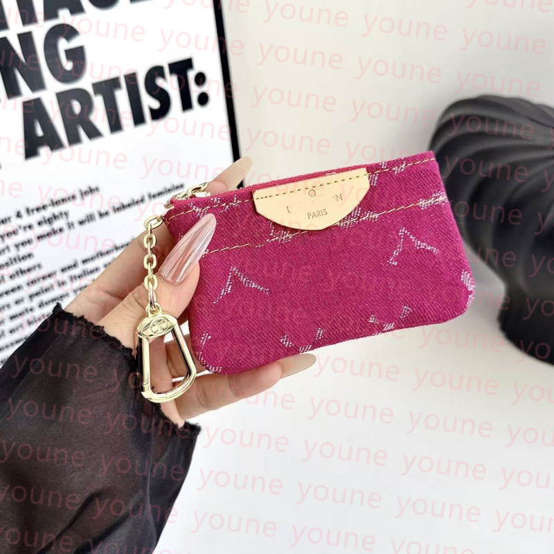 Créateur de mode Denim Monogramme Rose Ruban Clé Pochette Femmes Mini Fermeture À Glissière Porte-Monnaie Vintage Imprimé Floral Porte-Carte Sac