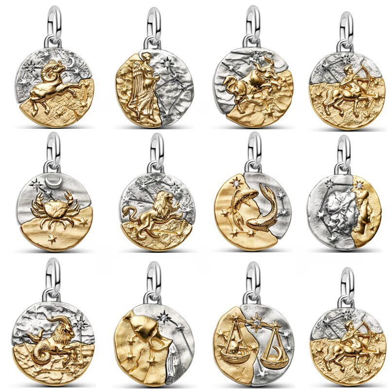 2026 NEW 925 Sterling Silver Zodiac Coin Dangle Charms Fit ME bracelet Necklace DIY for women Gift Fine jewelry wholesale