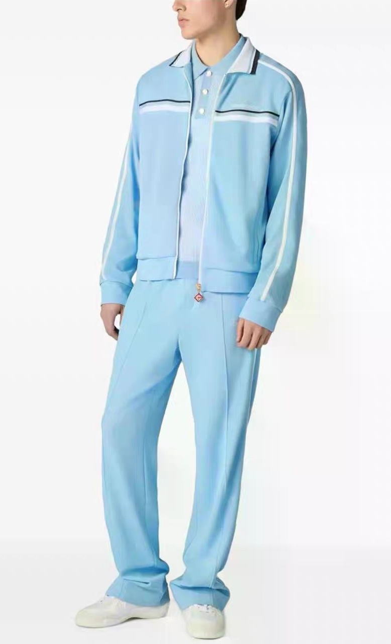 2026 Casabalnc Top Designer Tricot Col Zip Up Veste Tendance Nouvelle Arrivée Lettre Brodée Rayure Lâche Tenue Unisexe Bleu Pantalon Droit Avec P