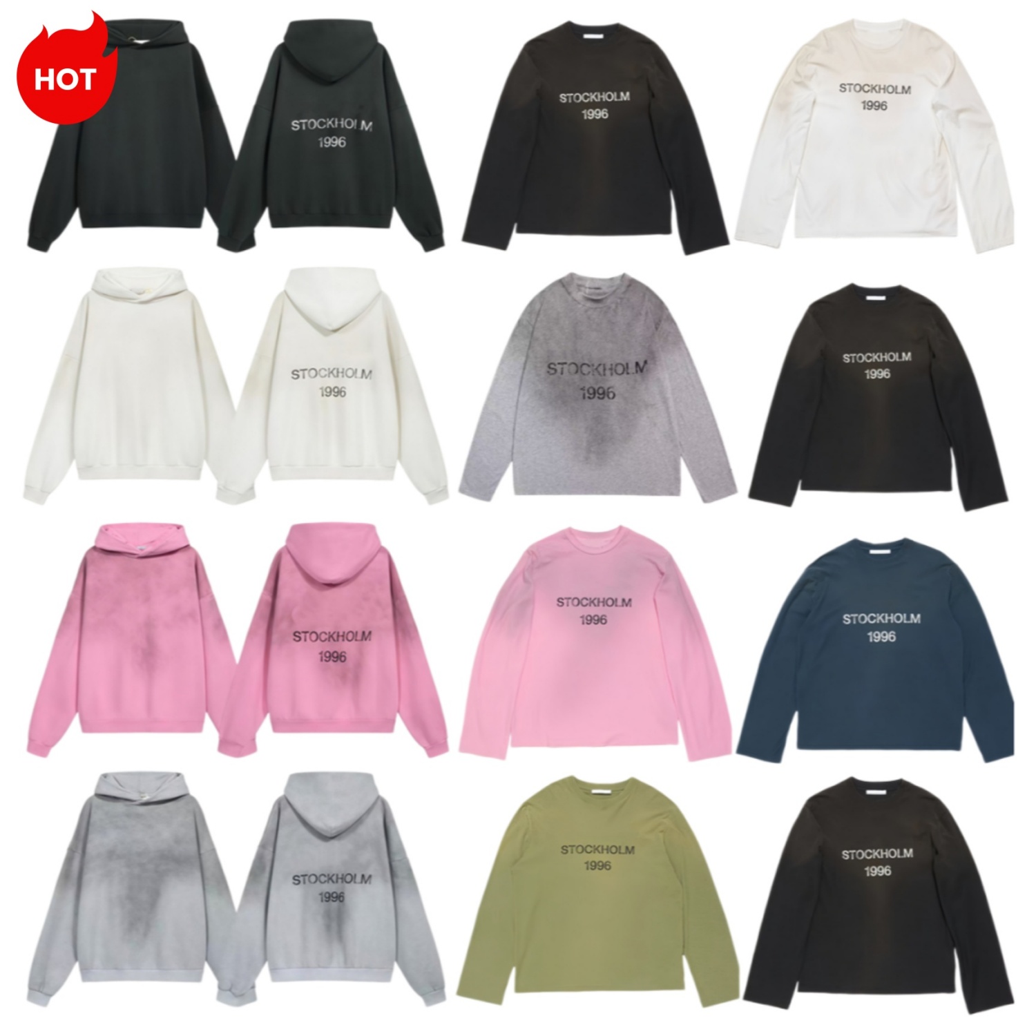 mens designer Hoodie hoodies Stockholm 1996 Vintage Washed Distressed Print long sleeve cotton Hoodies for Men Oversized Loose Pullover Streetwear S
