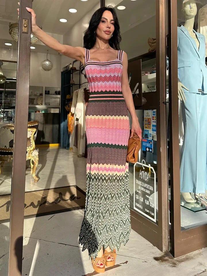 Patchwork Contrast Knitted Women Dresses Square Collar Backless Sleeveless Bohemian Long Dress Female Summer Lady Beach Robes