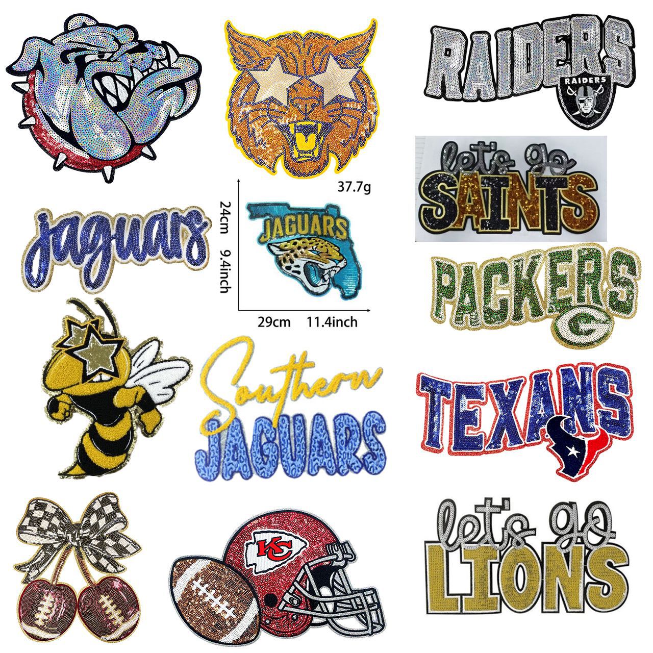 Patch à paillettes de l'équipe de football, vente en gros, applique brodée pour vestes, chapeaux, sacs