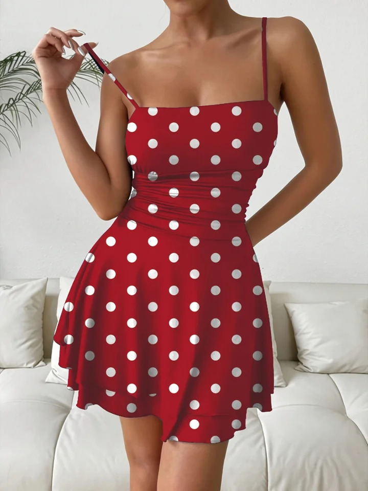 Womens Casual Elegant Square Neck Sleeveless Polka Dot Mini Dress with Waist Strap Solid Color Skirt for SpringSummer 260730