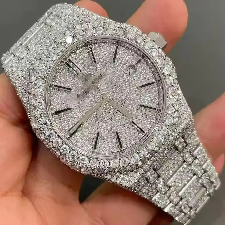 VVS1 Moissanite Iced Out Watch Pass Diamond Tester GRA Certified 41mm Automatic Octagonal Bezel Full Bust Down 904L Steel Hip Hop Watch With Box Fre